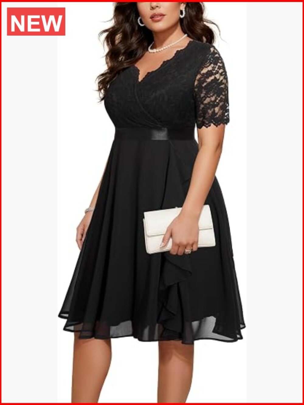 Plus Size Formal Midi Dress with Lace Bodice and Ruffled Chiffon Skirt